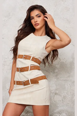PRETTYLITTLETHING Cream Faux Leather Belted Bodycon Dress