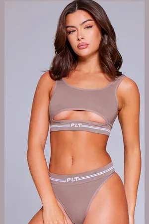 PRETTYLITTLETHING Mocha Seamless Rib Cut Out Bralette