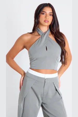 PRETTYLITTLETHING Woven Key Hole Detail Halterneck Top