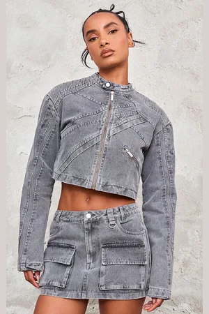 PRETTYLITTLETHING Seam Detail Shoulder Padded Racer Cropped Denim Jacket