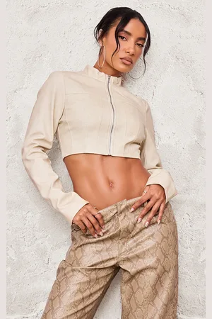 PRETTYLITTLETHING Cream Faux Leather Panel Details Biker Jacket