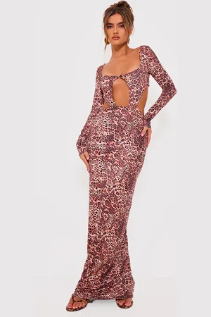 PRETTYLITTLETHING Leopard Printed Double Layer Slinky Long Sleeve Midaxi Dress