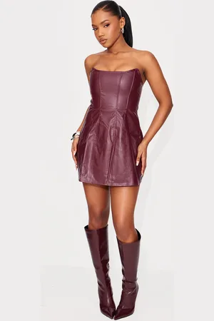 PRETTYLITTLETHING Faux Leather Bandeau Corset Shift Dress