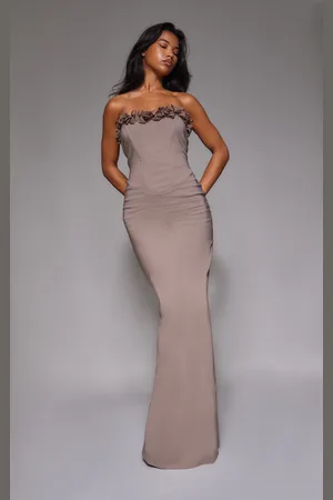PRETTYLITTLETHING Mocha Stretch Woven Rosette Bandeau Maxi Dress