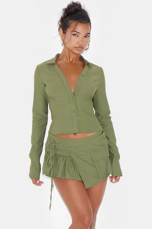 PRETTYLITTLETHING Khaki Woven Long Sleeve Cargo Shirt
