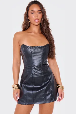PRETTYLITTLETHING Faux Leather Bandeau Corset Shift Dress