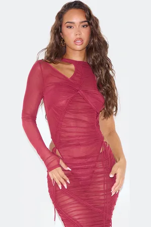 PRETTYLITTLETHING Burgundy Extreme Ruched Seam Detail One Sleeve Bodysuit
