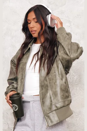 PRETTYLITTLETHING Distressed Faux Leather Oversized Longline Bomber Jacket