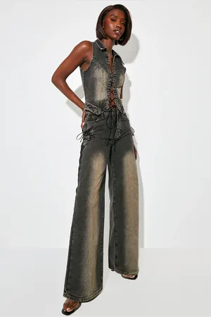 PRETTYLITTLETHING Tall Lace Up Pocket Mid Rise Straight Leg Jeans