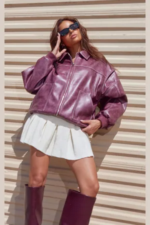 PRETTYLITTLETHING Burgundy Distressed Faux Leather Oversized Longline Bomber Jacket