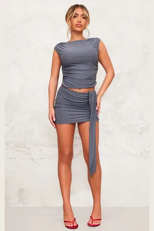 PRETTYLITTLETHING Charcoal Soft Touch Ruched Drape Front Mini Skirt