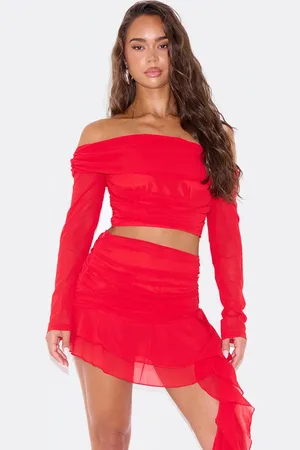 PRETTYLITTLETHING Chiffon Off The Shoulder Long Sleeve Crop Top