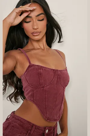 PRETTYLITTLETHING Petite Burgundy Dipped Hem Denim Corset Top