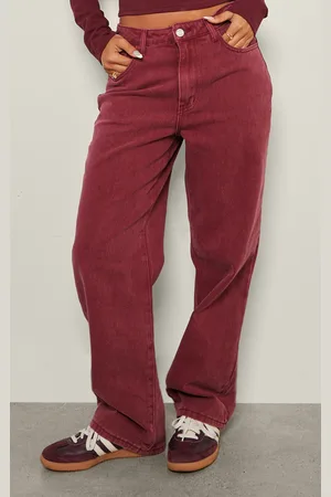 PRETTYLITTLETHING Petite Burgundy Washed High Waist Straight Leg Jeans