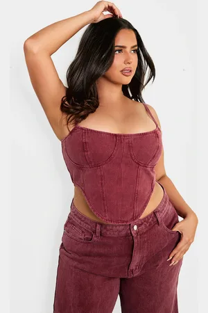 PRETTYLITTLETHING Plus Burgundy Washed Denim Dipped Hem Corset Top