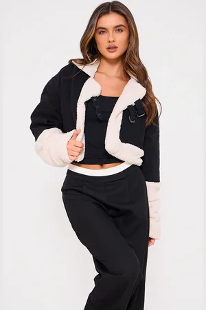 PRETTYLITTLETHING Cropped Denim Borg Contrast Aviator Jacket