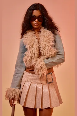 PRETTYLITTLETHING Faux Fur Trim Cropped Denim Jacket