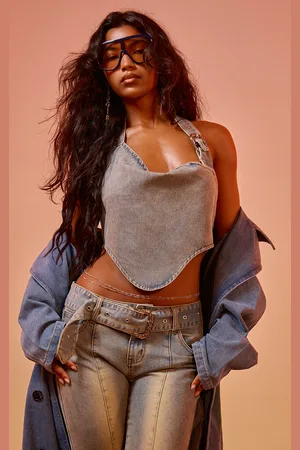 PRETTYLITTLETHING Vintage Blue Wash Buckle Detail Western Style Denim Top