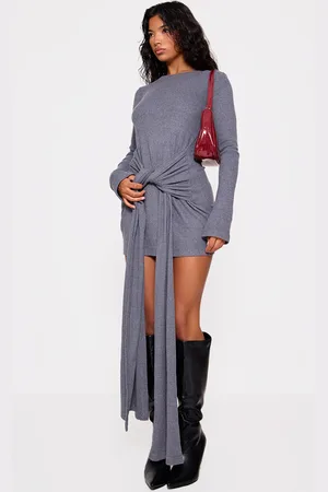 PRETTYLITTLETHING Charcoal Heavy Brushed Rib Wrap Tie Bodycon Dress