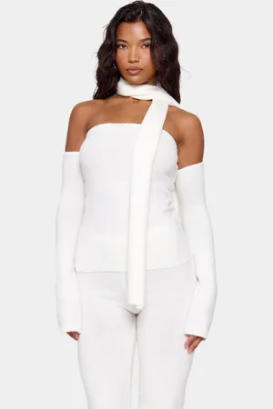 PRETTYLITTLETHING Cream Soft Knit Cold Shoulder Top And Scarf Detail