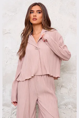 PRETTYLITTLETHING Taupe Textured Pleated Button Front Shirt