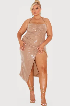 PRETTYLITTLETHING Plus Champagne Sequin Bust Detail Midi Dress