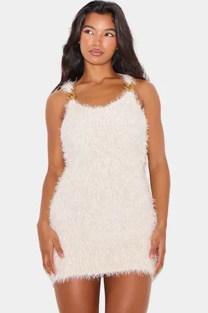 PRETTYLITTLETHING Cream Bobble Eyelash Chain Trim Mini Dress
