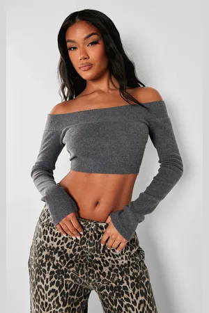 PRETTYLITTLETHING Charcoal Brushed Rib Bardot Long Sleeve Top