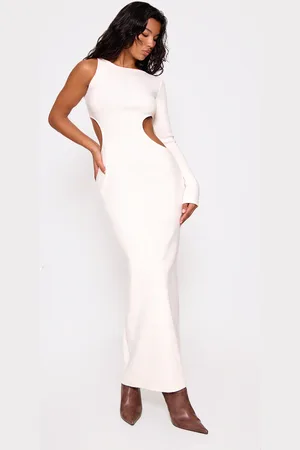 PRETTYLITTLETHING Cream Heavy Brushed Rib Cut Out Maxi Dress