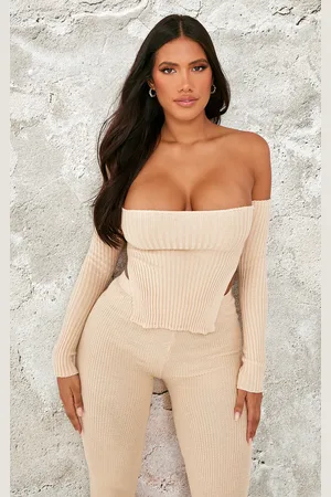 PRETTYLITTLETHING Shape Stone Knit Bardot Split Side Detail Top