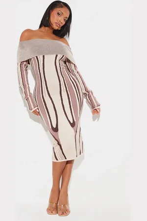 PRETTYLITTLETHING Shape Stone Knit Abstract Print Bardot Midaxi Dress