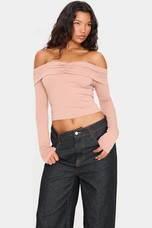 PRETTYLITTLETHING Stone Contour Jersey Ruched Foldover Bardot Crop Top