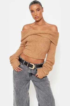 PRETTYLITTLETHING Mocha Soft Bobble Knit Bardot Foldover Top