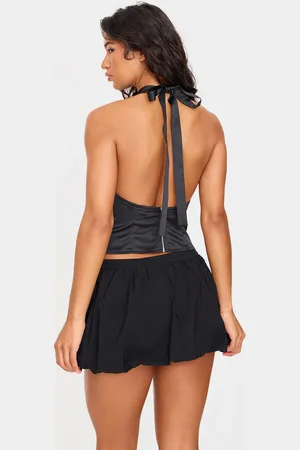 PRETTYLITTLETHING Satin Low Back Halteneck Long Top