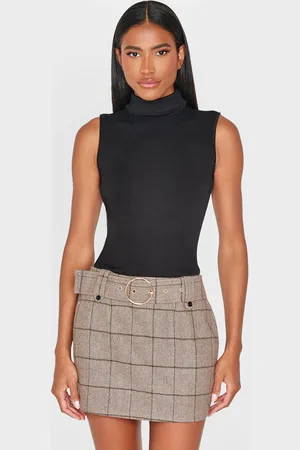 PRETTYLITTLETHING Roll Neck Ribbed Twill Contrast Bodycon Dress