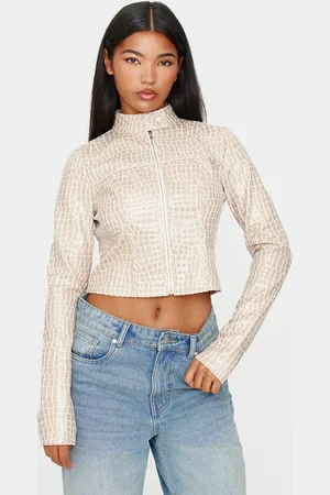 PRETTYLITTLETHING Stone Faux Leather Croc Fitted Jacket
