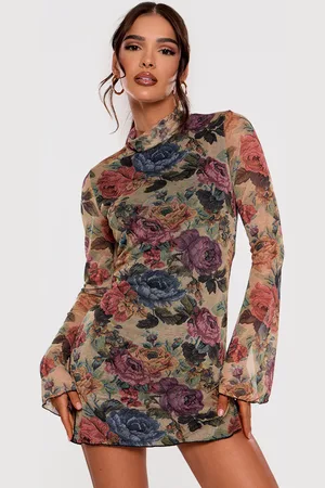 PRETTYLITTLETHING Floral Print High Neck Flared Sleeve Shift Dress