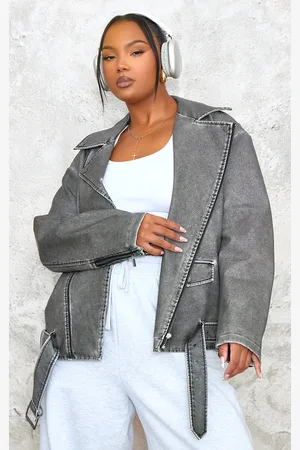 PRETTYLITTLETHING Plus Charcoal Distressed Look Faux Leather Longline Biker Jacket