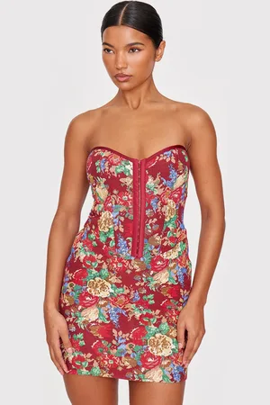 PRETTYLITTLETHING Burgundy Tapestry Bandeau Lace Up Back Bodycon Dress