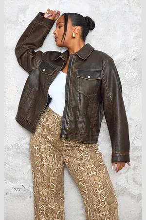 PRETTYLITTLETHING Plus Washed Faux Leather Pocket Detail Bomber Jacket