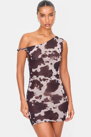 PRETTYLITTLETHING Cow Print Mesh Asymmetric Bodycon Dress