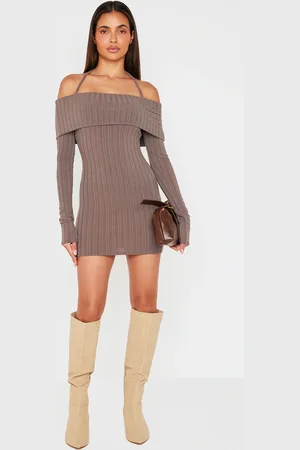 PRETTYLITTLETHING Charcoal Rib Bardot Fold Over Bodycon Dress