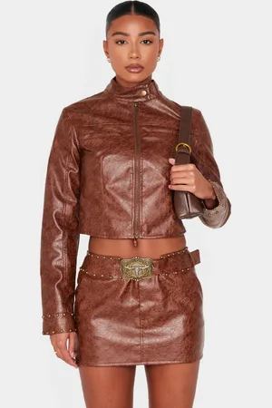 PRETTYLITTLETHING Faux Leather Tie Detail Studded Biker Jacket