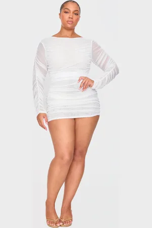 PRETTYLITTLETHING Premium Double Layer Mesh Ruched Long Sleeve Bodycon Dress