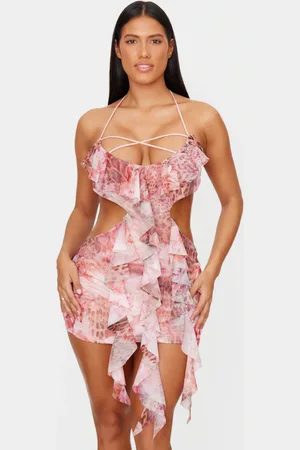 PRETTYLITTLETHING Shape Mesh Printed Ruffle Open Back Halter Dress