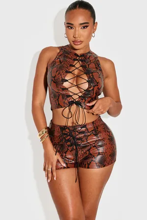 PRETTYLITTLETHING Shape Faux Leather Snake Print Lace Up Hot Pants