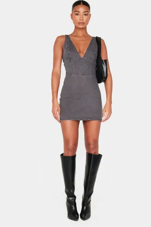 PRETTYLITTLETHING Plunge Corset Style Denim Mini Dress