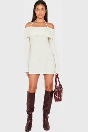 PRETTYLITTLETHING Cream Rib Bardot Fold Over Bodycon Dress