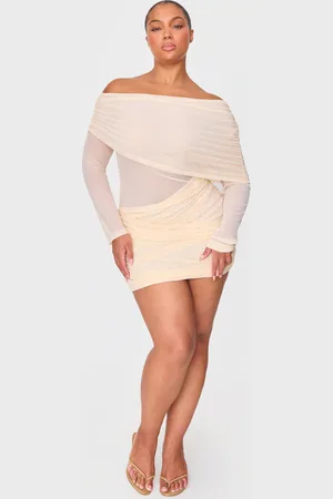 PRETTYLITTLETHING Cream Mesh Long Sleeve One Shoulder Bodycon Dress