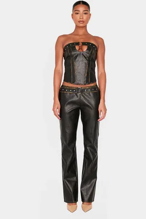 PRETTYLITTLETHING Washed Faux Leather Belted Straight Leg Trouser